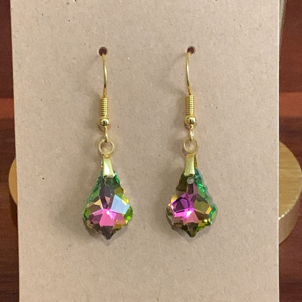 Gold-Tone Iridescent Teardrop Earrings in Green and Pink